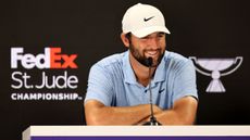 Scottie Scheffler talks to the media prior to the FedEx St. Jude Championship