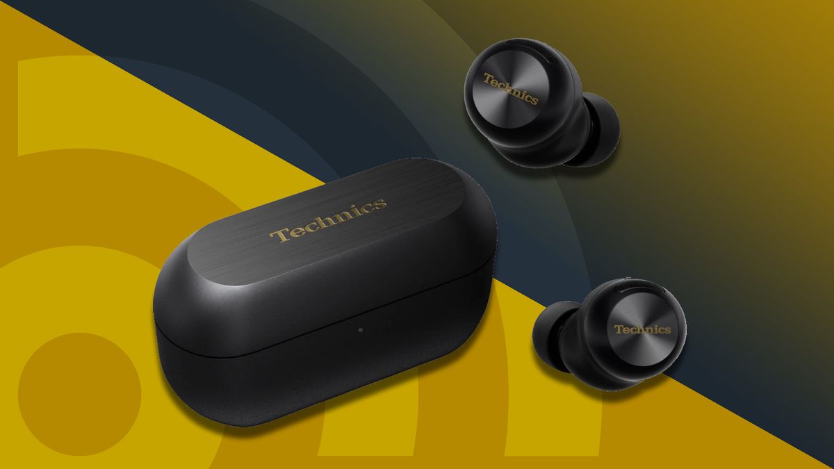 Technics EAH-AZ100 earbuds on TR&#039;s mustard-color buying guide background