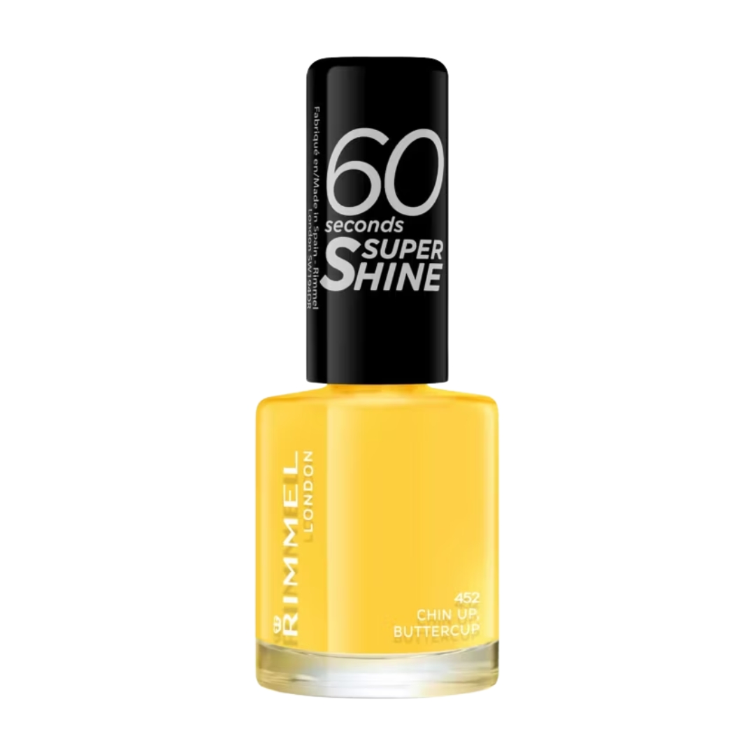 A product shot of the Rimmel 60 Seconds Super Shine Nail Polish in Shade Chin Up Buttercup (a bright yellow), on a white background