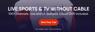 The Fubo TV home page section that reads "LIVE SPORTS & TV WITHOUT CABLE 100+ channels. Live and on demand. Cloud DVR included. Start Free Trial No hidden fees. Cancel anytime."