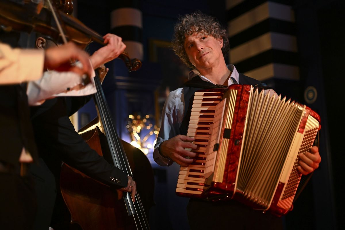Nikon ZR sample images &ndash; musicians in a classsic interior; a violinist, double bass and accordian