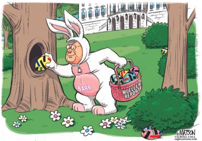 Political Cartoon U.S. Mueller William Barr Easter Eggs White house no collusion
