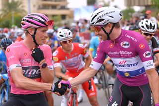 Maglia rosa Rohan Dennis (BMC) and Points leader Elia Viviani (Quick-Step Floors) ahead of stage 3 at the Giro d'Italia