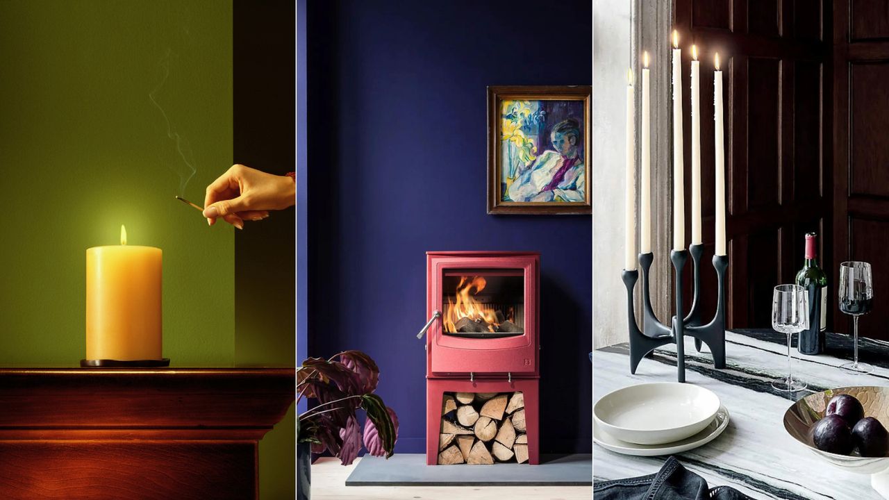 Three images, one is a woman lighting a candle, one is a log burner, one is a candelabra 