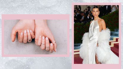 Hailey Bieber at the Met Gala side by side hands with white pearly nail polish in a collage