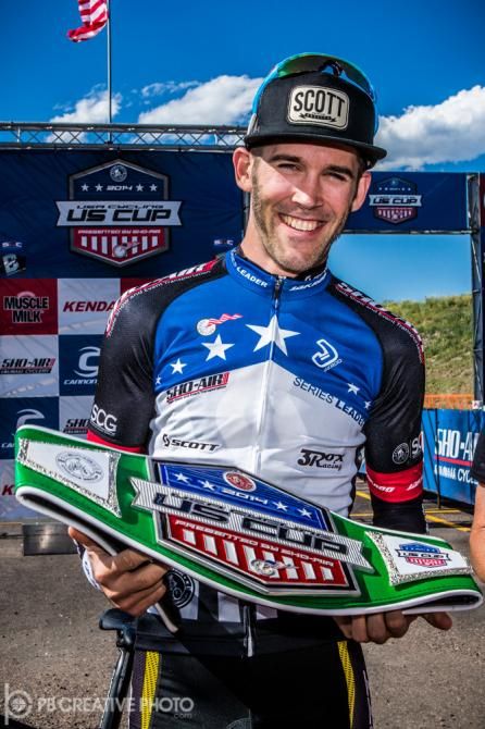 Men&rsquo;s Elite overall series winner Geoff Kabush (Scott 3 Rox Racing) with his US CUP title belt in Colorado Springs, round 4 of the USA Cycling US Cup Series presented by Sho-Air Cycling Group
