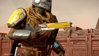 Helldivers 2 Borderline Justice Warbond Helldiver holding Talon laser revolver