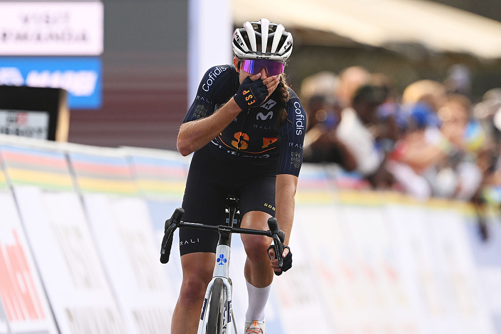 KIGALI, RWANDA - SEPTEMBER 25: Paula Blasi Cairol of Team Spain celebrates at finish line as bronze medal winner during the 98th UCI Cycling World Championships Kigali 2025 - Women Under 23 Road Race a 119,3 km one day race from Kigali to Kigali on September 25, 2025 in Kigali, Rwanda. (Photo by Dario Belingheri/Getty Images)