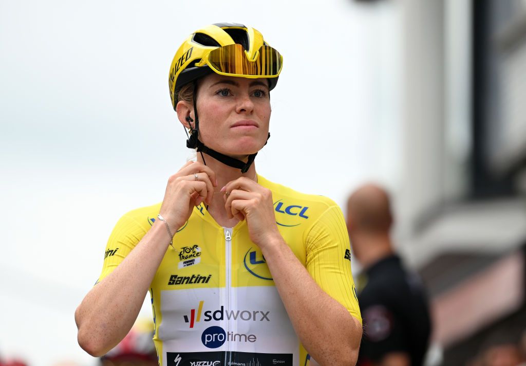 BASTOGNE BELGIUM AUGUST 15 Demi Vollering of The Netherlands and Team SD Worx Protime Yellow Lader Jersey prior to the 3rd Tour de France Femmes 2024 Stage 5 a 1522km stage from Bastogne to Amneville UCIWWT on August 15 2024 in Bastogne Belgium Photo by Dario BelingheriGetty Images