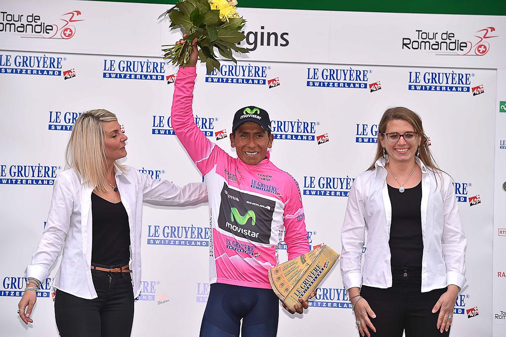 Nairo Quintana in the pink jersey after stage 4 at the Tour de Romandie.