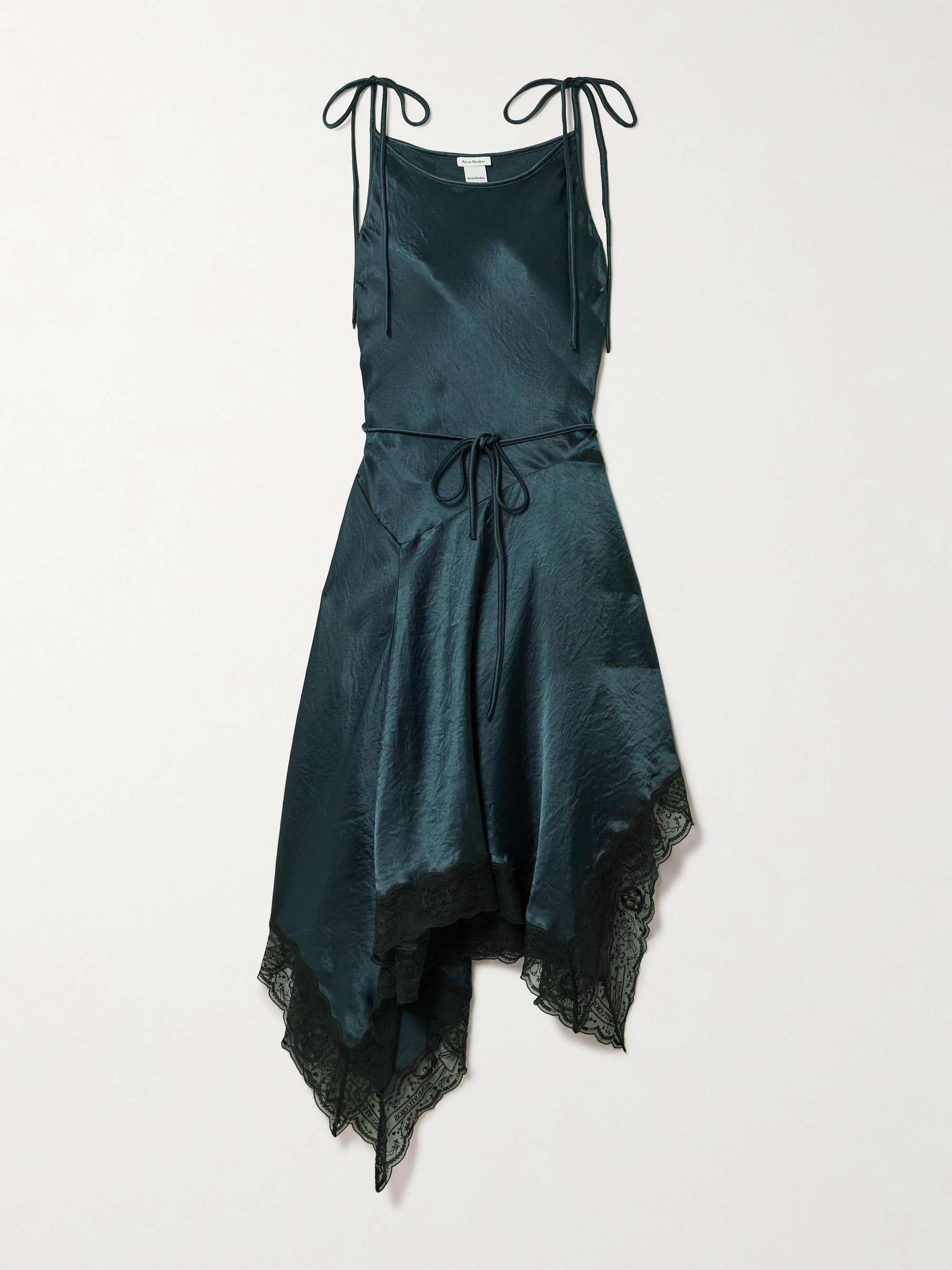 Doyla Belted Asymmetric Scalloped Lace-Trimmed Hammered-Satin Midi Dress