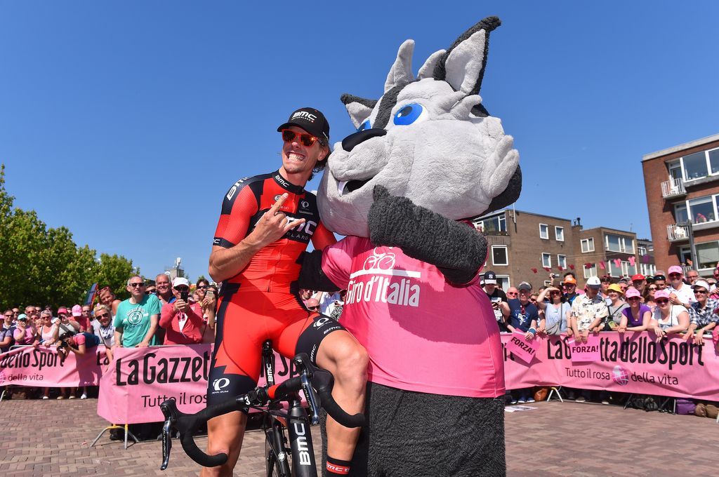 Daniel Oss with Giro mascot Lupo Wolfie