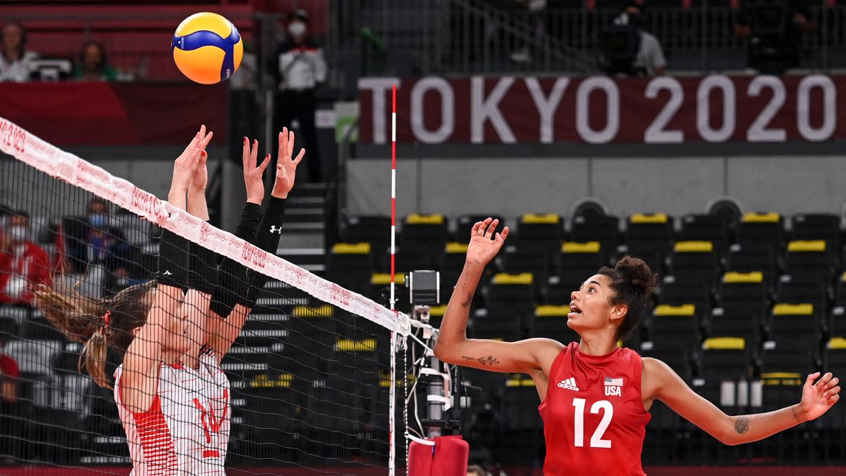 USA&#039;s Jordan Thompson (R) hits the ball in the women&#039;s preliminary round pool B volleyball match between USA and Turkey during the Tokyo 2020 Olympic Games at Ariake Arena in Tokyo on July 29, 2021.