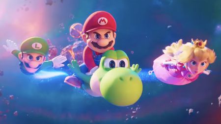 Mario, Luigi, Peach and Yoshi flying through space