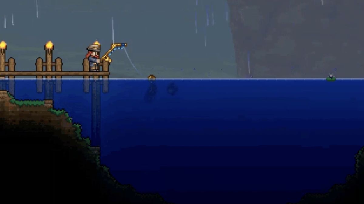 A screenshot shows a Terraria character fishing in blue water.