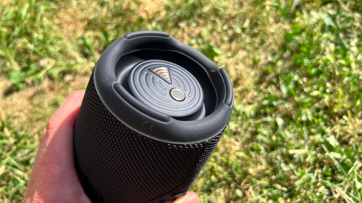 JBL Charge 5 Wifi med gr&auml;smatta i bakgrunden