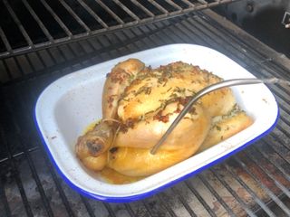 Traeger Pro 575 grill roasting a chicken