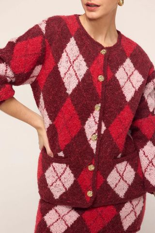 Kitri Pandora Burgundy Argyle Knit Cardigan