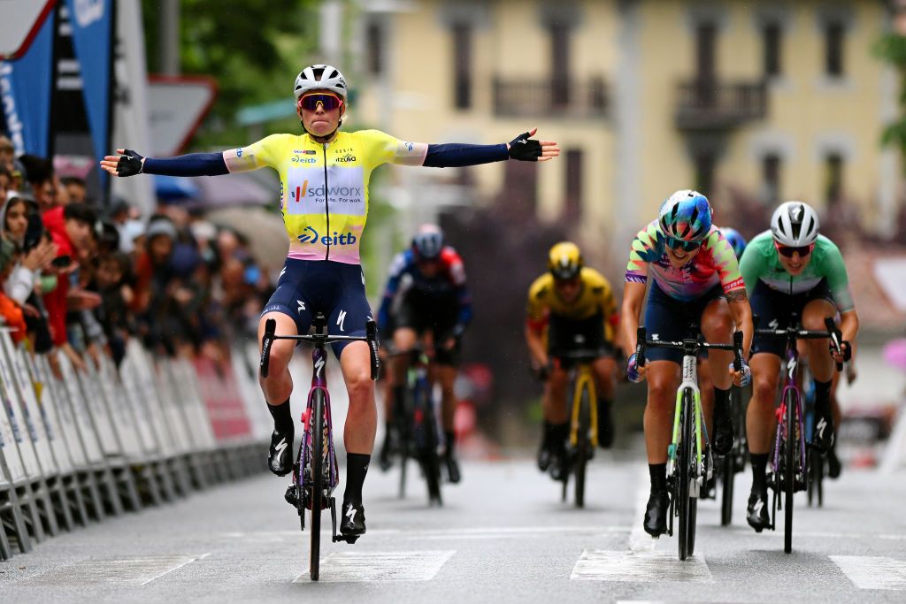 AMURRIO SPAIN MAY 13 Demi Vollering of The Netherlands and Team SD Worx Yellow leader jersey celebrates at finish line as stage winner ahead of Soraya Paladin of Italy and Team CanyonSRAM Racing during the 2nd Itzulia Women 2023 Stage 2 a 1332 stage from VitoriaGasteiz to Amurrio UCIWWT on May 13 2023 in Amurrio Spain Photo by Dario BelingheriGetty Images