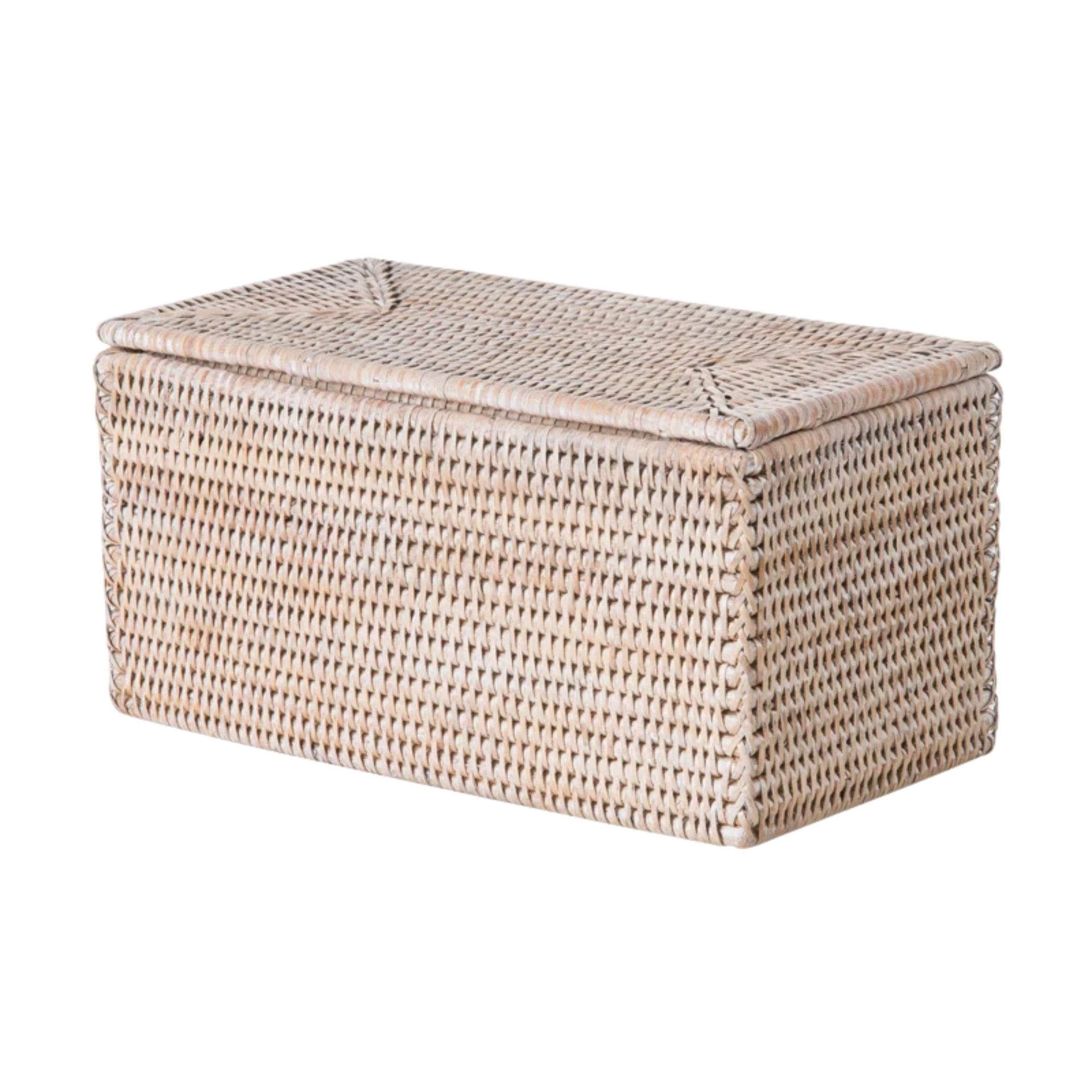 A light brown woven rattan basket