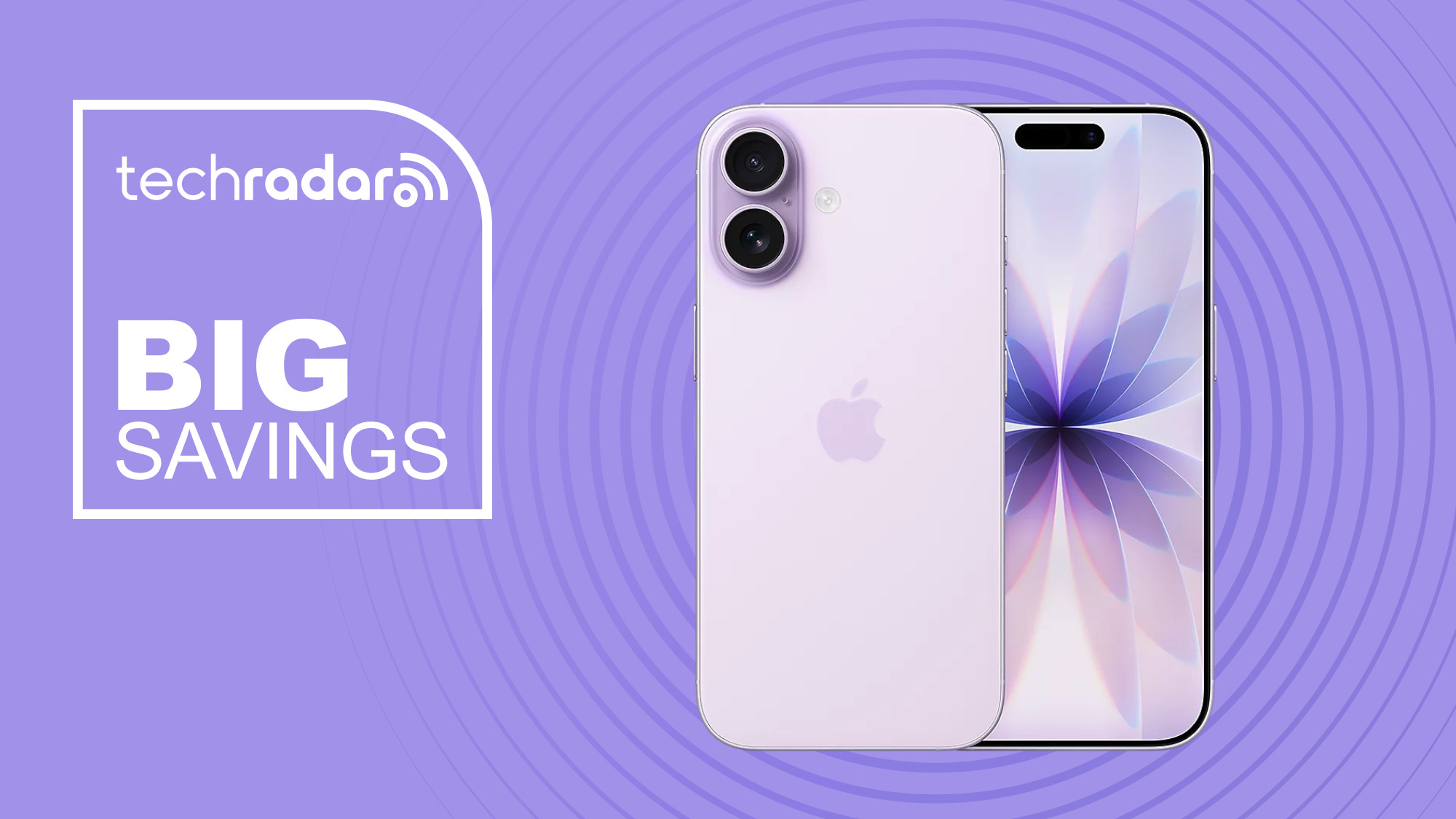 Apple iPhone 17 on purple background with big savings text overlay