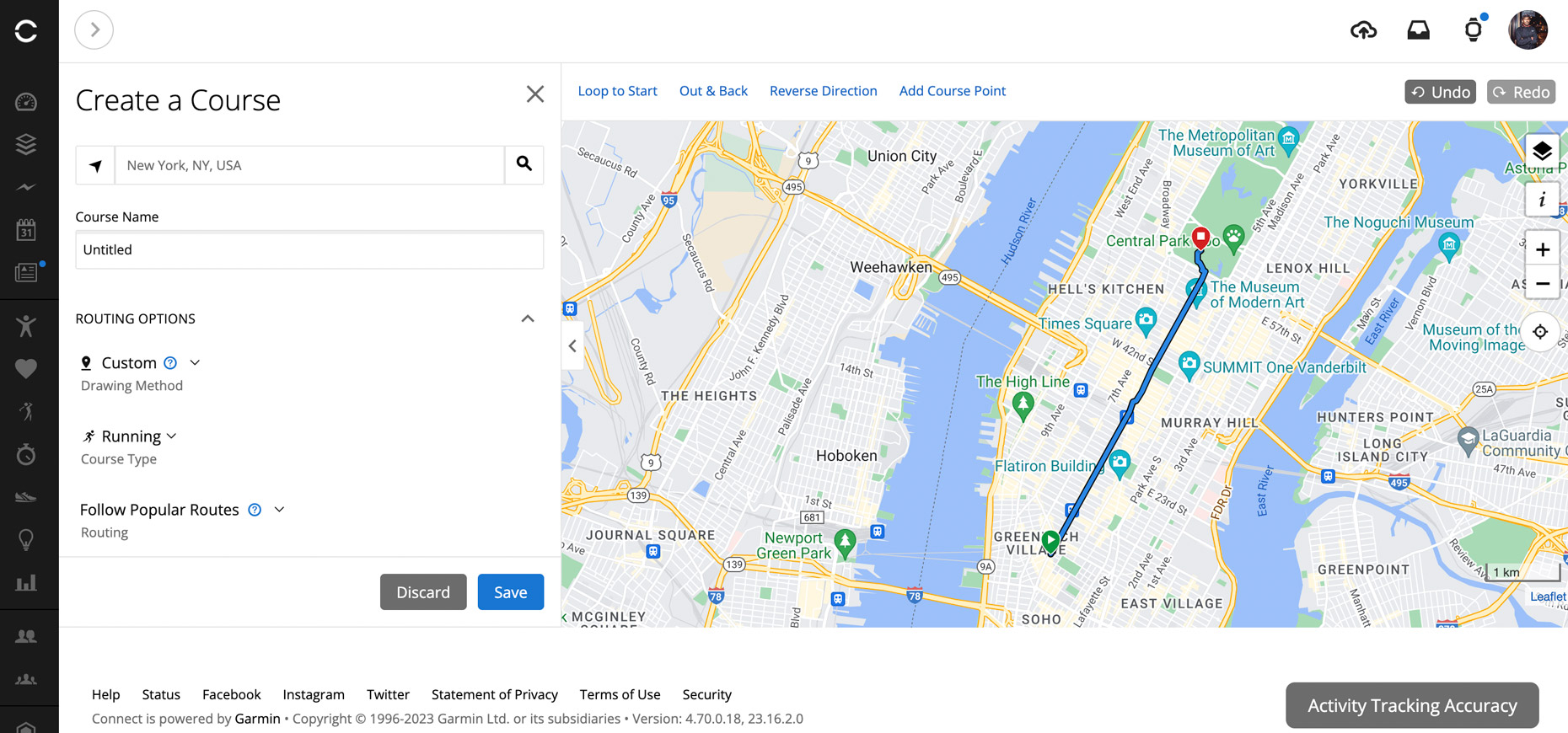 Course creation in Garmin Connect web app