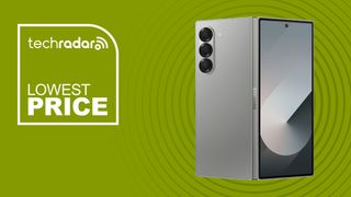 Samsung Galaxy Z Fold 6 on green background with TechRadar lowest price sign