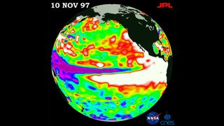 Satellite image of sea surface height relative to normal ocean conditions in the Pacific Ocean on Nov. 10, 1997