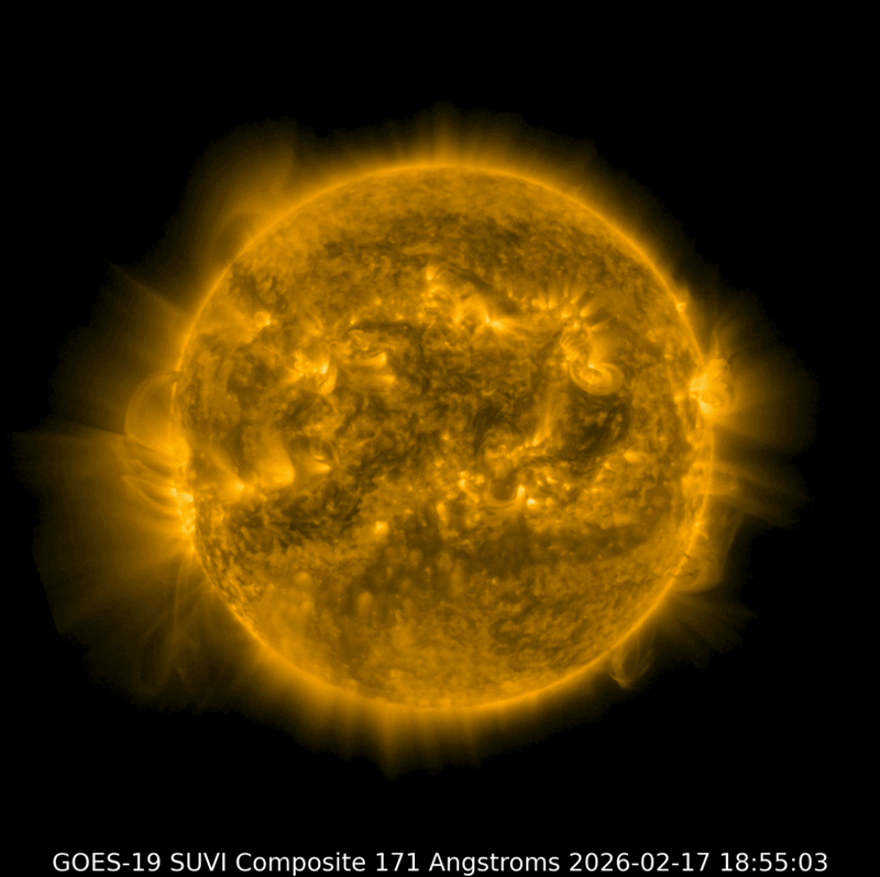 The silhouette of the moon passes across the face of the sun during an eclipse. The background is black, and plasma loops can be seen twisting from the star's golden surface.