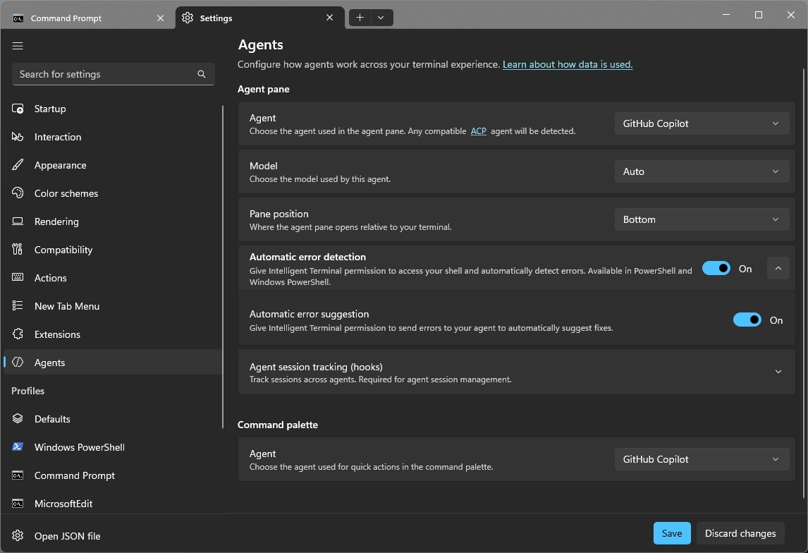Intelligent Terminal settings opened in the Agents page.