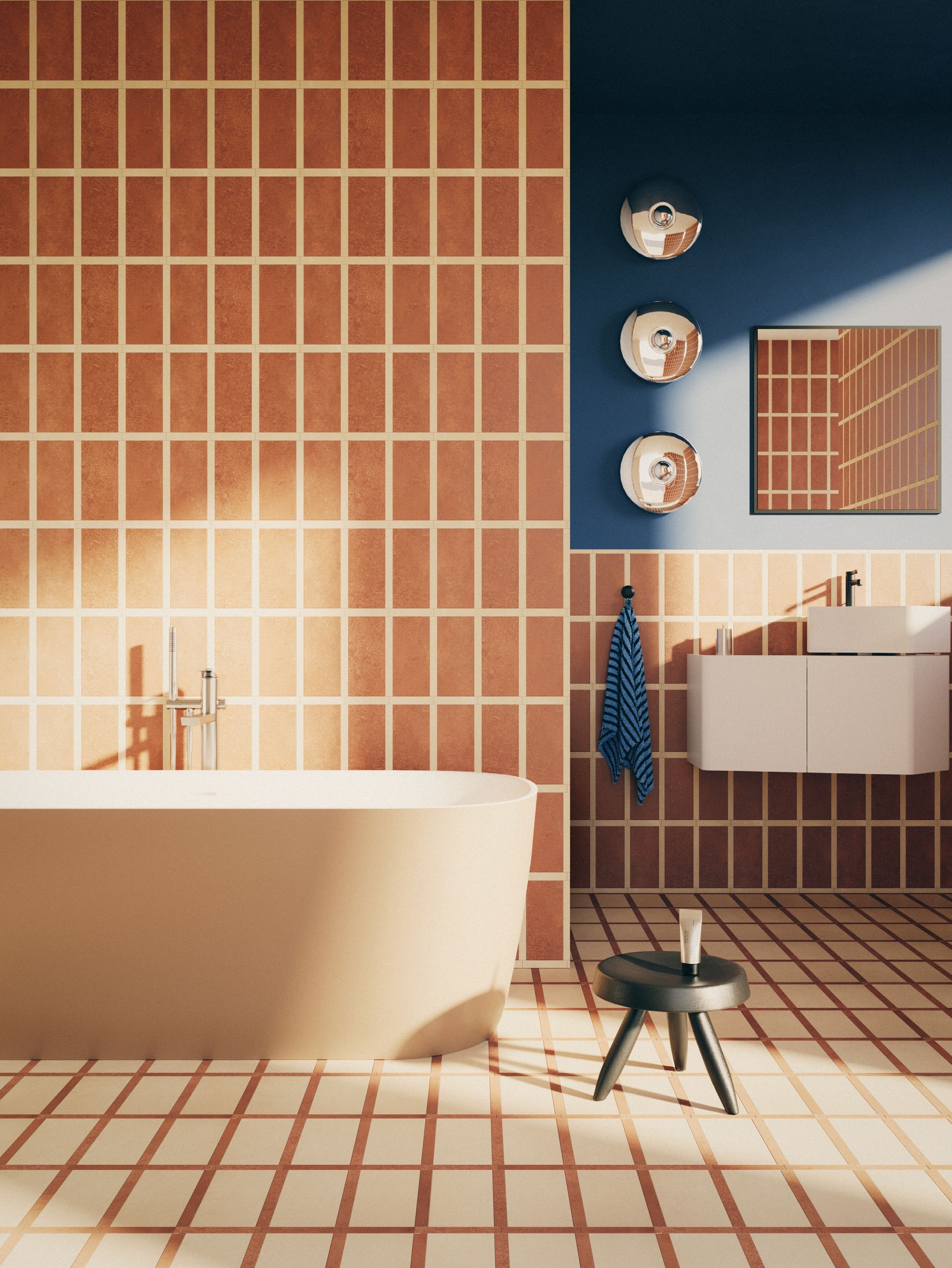 ‘Meda’ bath, £4,250, by Peter Wirz, for Laufen. ‘Ventaglio’ freestanding bath mixer, price on request, by Michael Vincent Uy, for Gessi. Terry towel, €35, by Tekla. ‘Andrea’ wall lamps, price on request, by Nuova Group, for Tacchini. ‘Tabouret Berger’ stool, from £586, by Charlotte Perriand, for Cassina. Escalier hand cream, €30, by Frama. ‘Kanto’ vanity unit, price on request, by Andrea Parisio and Giuseppe Pezzano, for Ceramica Cielo. Lidded box, €92, by Decor Walther. ‘View’ wall mirror, €270, by Mogens Lassen, for Audo. ‘Torino’ washbasin mixer, price on request, by Francesco Lucchese, for Fantini Rubinetti. ‘SensiTerre Tappeto’ tiles in Cotone-Mattone and Mattone-Cotone, price on request, by Matteo Thun and Benedetto Fasciana, for Florim