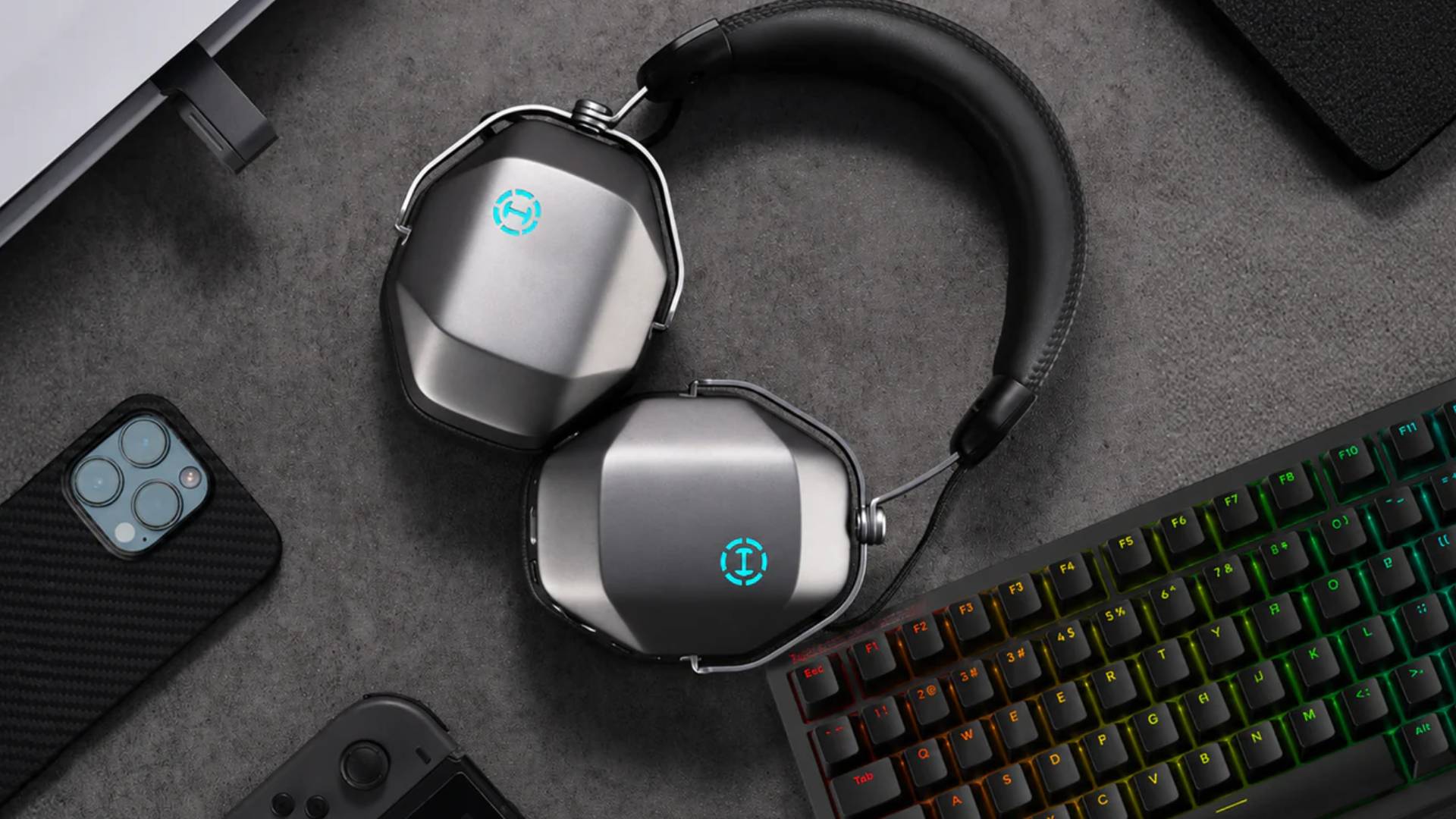 Image of the Edifier G5 Max gaming headset sitting on a desk.