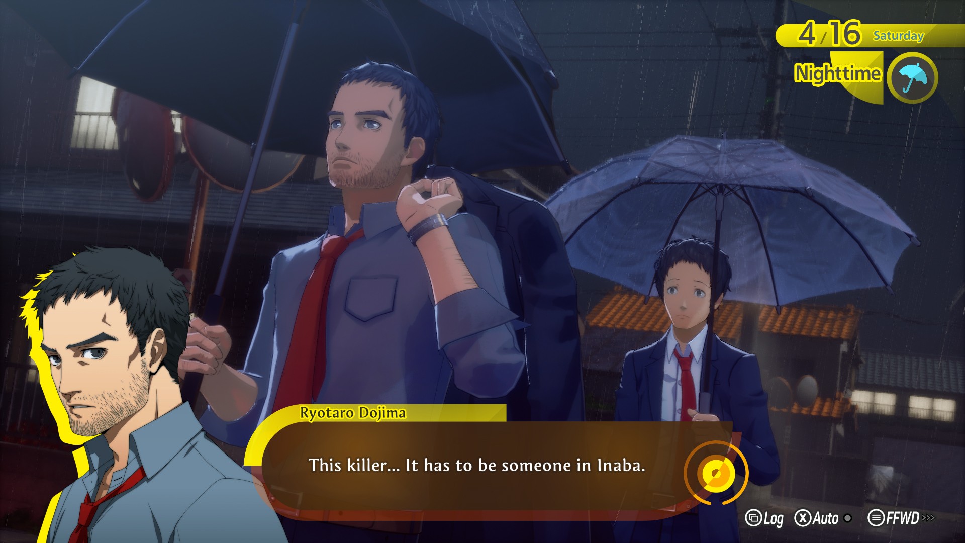 Police detective Dojima and his partner Adachi walk through the Inaba streets in the rain in Persona 4 Revival, while pondering the true identity of the local serial killer