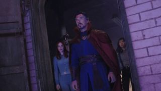 Doctor Strange in the Multiverse of Madness: Rachel McAdams, Benedict Cumberbatch and Xochitl Gomez stand in a doorway