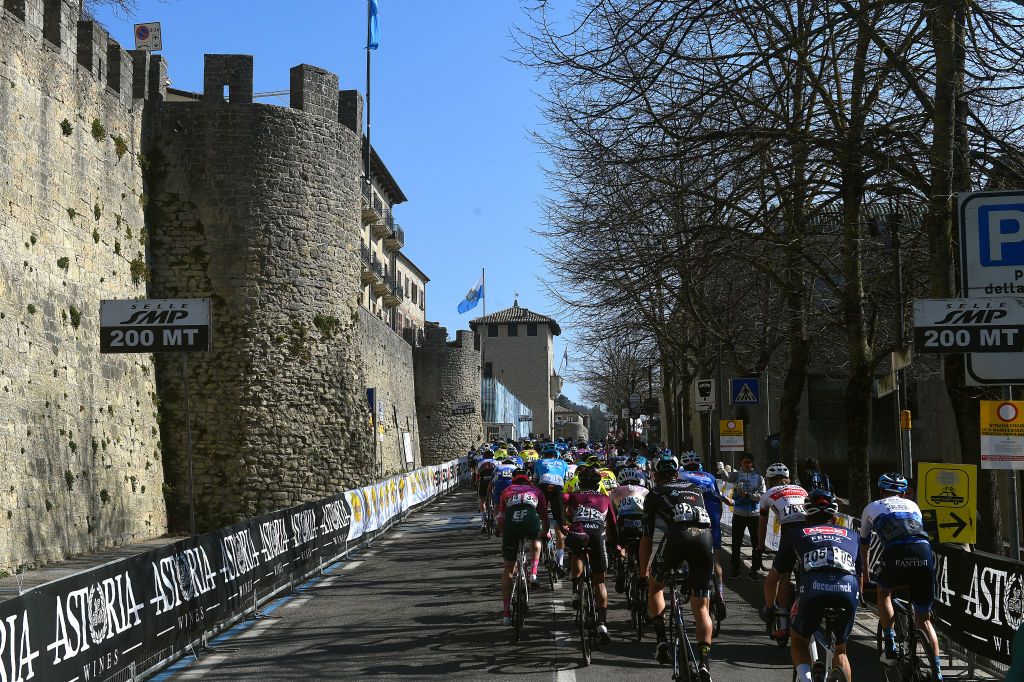 SAN MARINO ITALY MARCH 24 A general view of the peloton climbing to San Marino 648m during the 36th Settimana Internazionale Coppi e Bartali 2022 Stage 3 a 1471km stage from San Marino to San Marino 648m CoppieBartali on March 24 2022 in San Marino Italy Photo by Dario BelingheriGetty Images