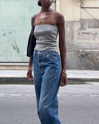 tube top and denim outfit