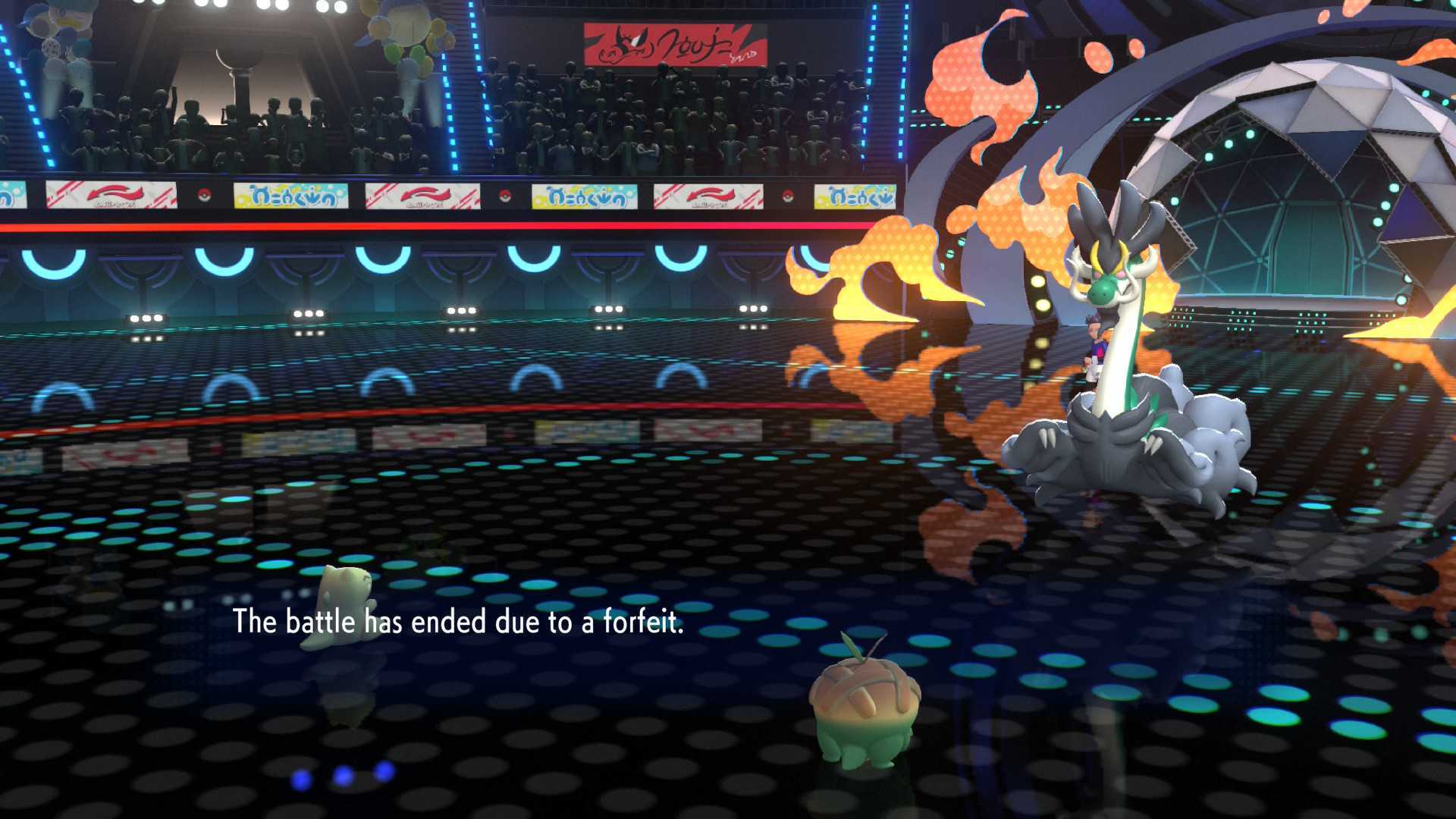 Pokemon Champions screenshot reads: "The battle has ended due to a forfeit."