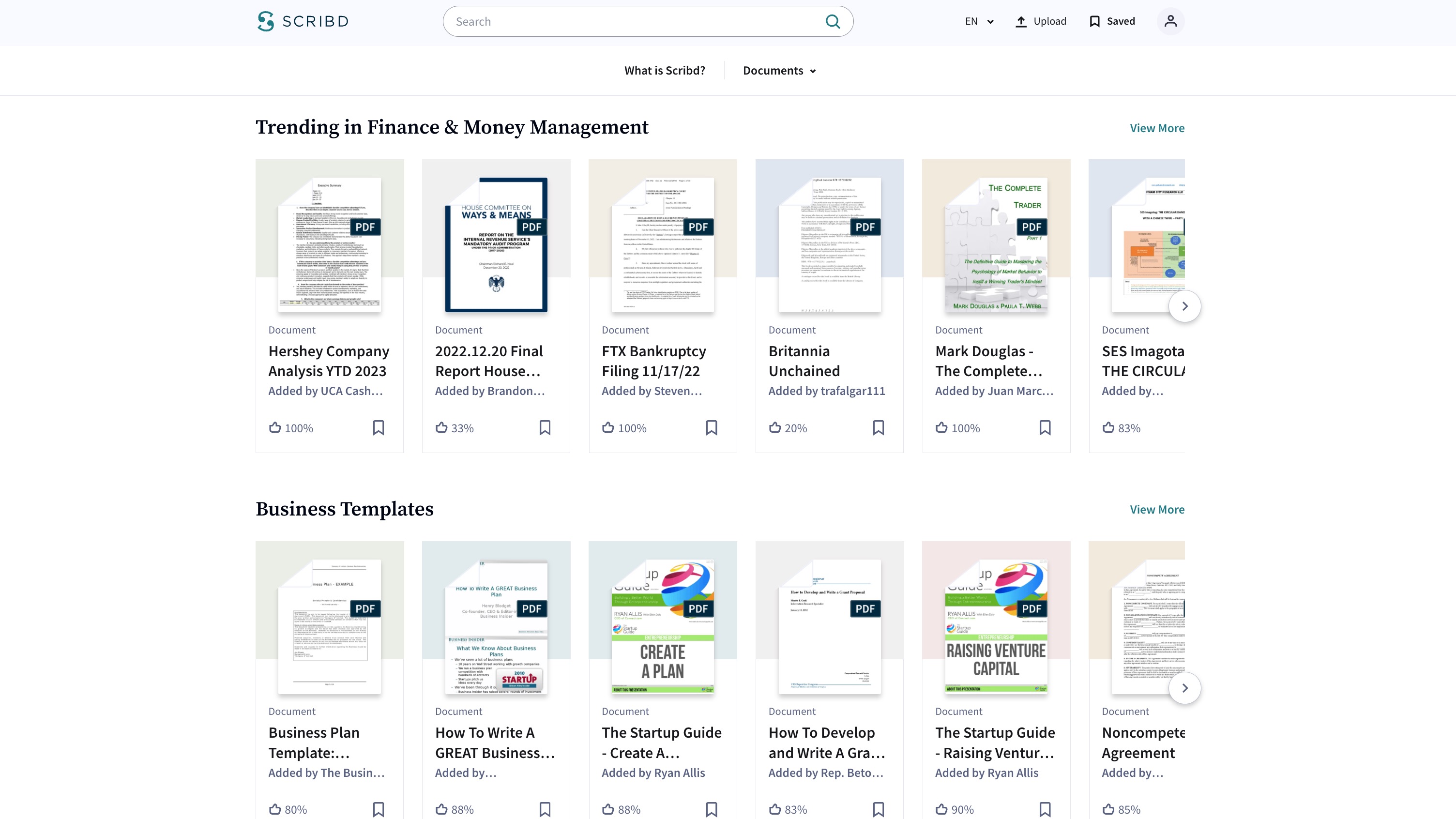 The Scribd homepage with documents