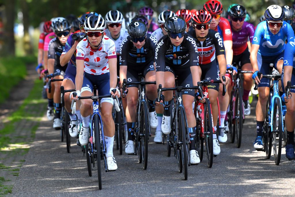 HARDENBERG NETHERLANDS AUGUST 25 Cecilie Uttrup Ludwig of Denmark and Team FDJ Nouvelle Aquitaine Futuroscope Polka Dot Mountain Jersey leads The Peloton during the 23rd Simac Ladies Tour 2021 Stage 1 a 1344km stage from Zwolle to Hardenberg SLT2021 UCIWWT on August 25 2021 in Hardenberg Netherlands Photo by Luc ClaessenGetty Images