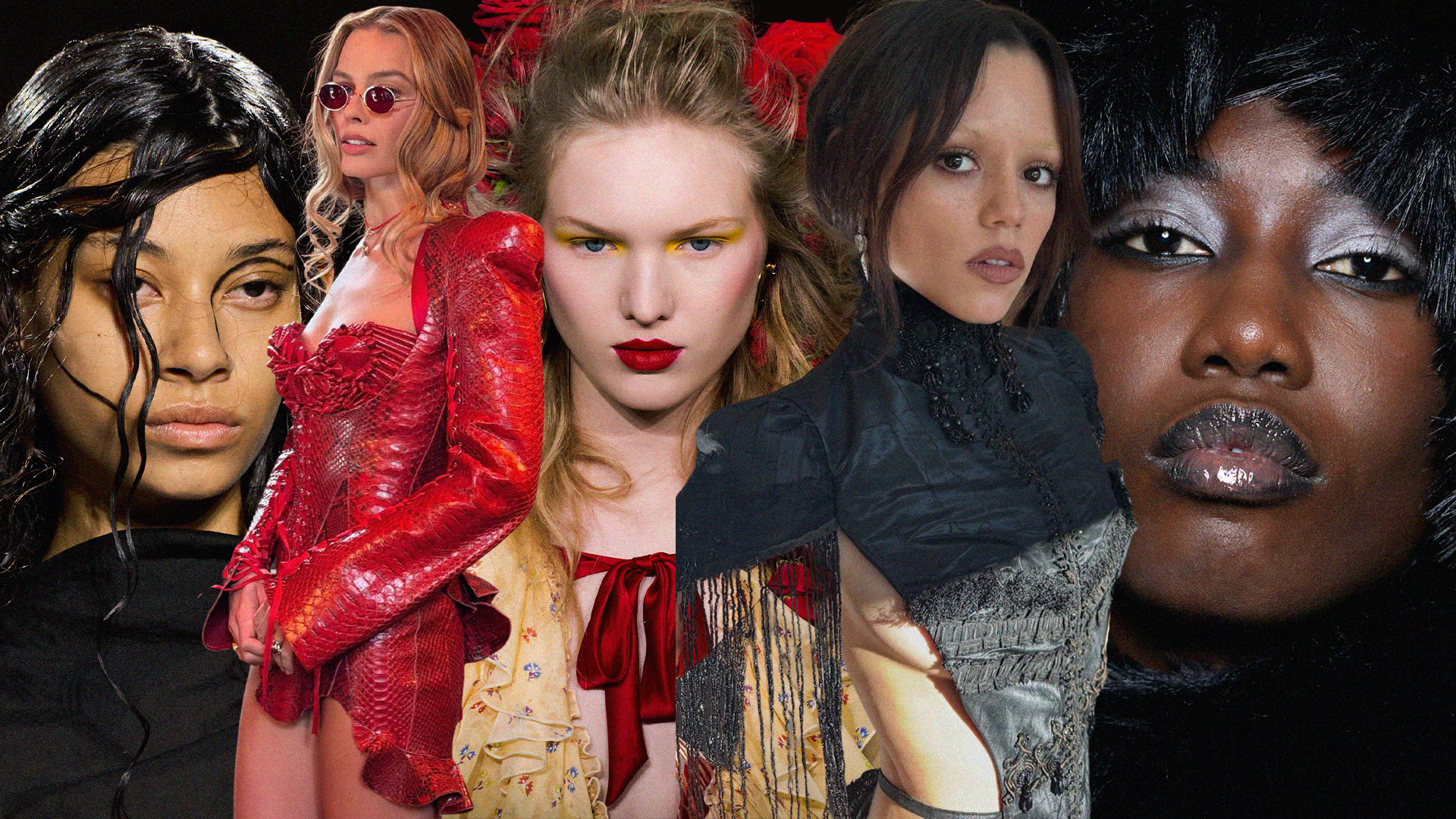 A collage of images from Yohji Yamamoto S/S 26, Rodarte S/S 19, and Kim Shui F/W 25, alongside photos of Margot Robbie and Jenna Ortega prior to red carpet events.