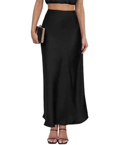 Women&#039;s Leopard Print Satin Maxi Skirt High Waisted Elastic Waistband Silk A-Line Casual Party 2025 Summer Long Skirts, Medium, Black