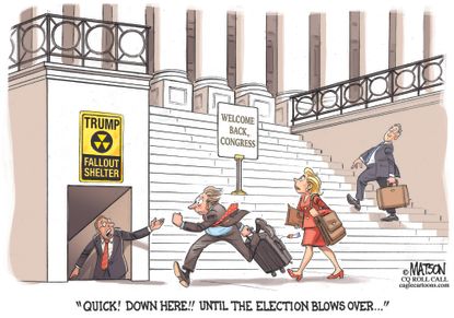Political cartoon U.S. 2016 election Donald Trump Fallout Shelter for Congress