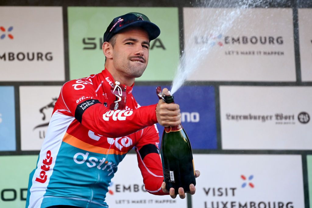 PETANGE LUXEMBOURG SEPTEMBER 23 Victor Campenaerts of Belgium and Team Lotto Dstny celebrates at podium as stage winner during the 83rd Skoda Tour Luxembourg 2023 Stage 4 a 239km individual time trial from Ptange to Ptange on September 23 2023 in Petange Luxembourg Photo by Tim de WaeleGetty Images
