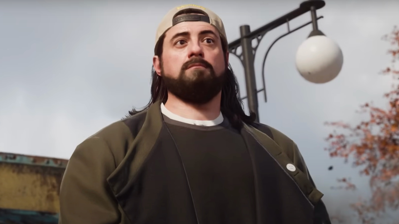 Kevin Smith's Silent Bob skin stands outside in Warzone in Call of Duty: Black Ops 6.