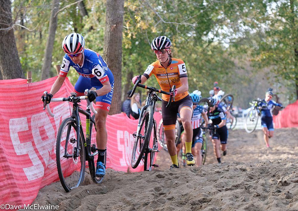 Katerina Nash (Cliff Bar Pro Team) dismounting for a 180-degree turn in the sand pit