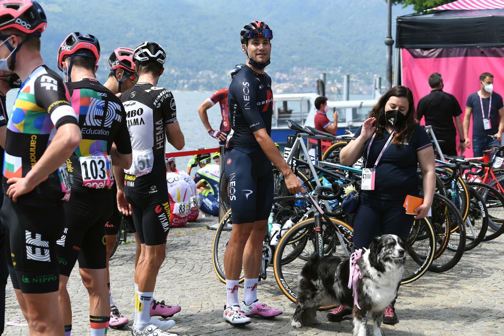 VALLE SPLUGA ALPE MOTTA ITALY MAY 29 Filippo Ganna of Italy and Team INEOS Grenadiers and his dog Mia in Maggiore Lake at start during the 104th Giro dItalia 2021 Stage 20 a 164km stage from Verbania to Valle Spluga Alpe Motta 1727m UCIworldtour girodiitalia Giro on May 29 2021 in Valle Spluga Alpe Motta Italy Photo by Tim de WaeleGetty Images