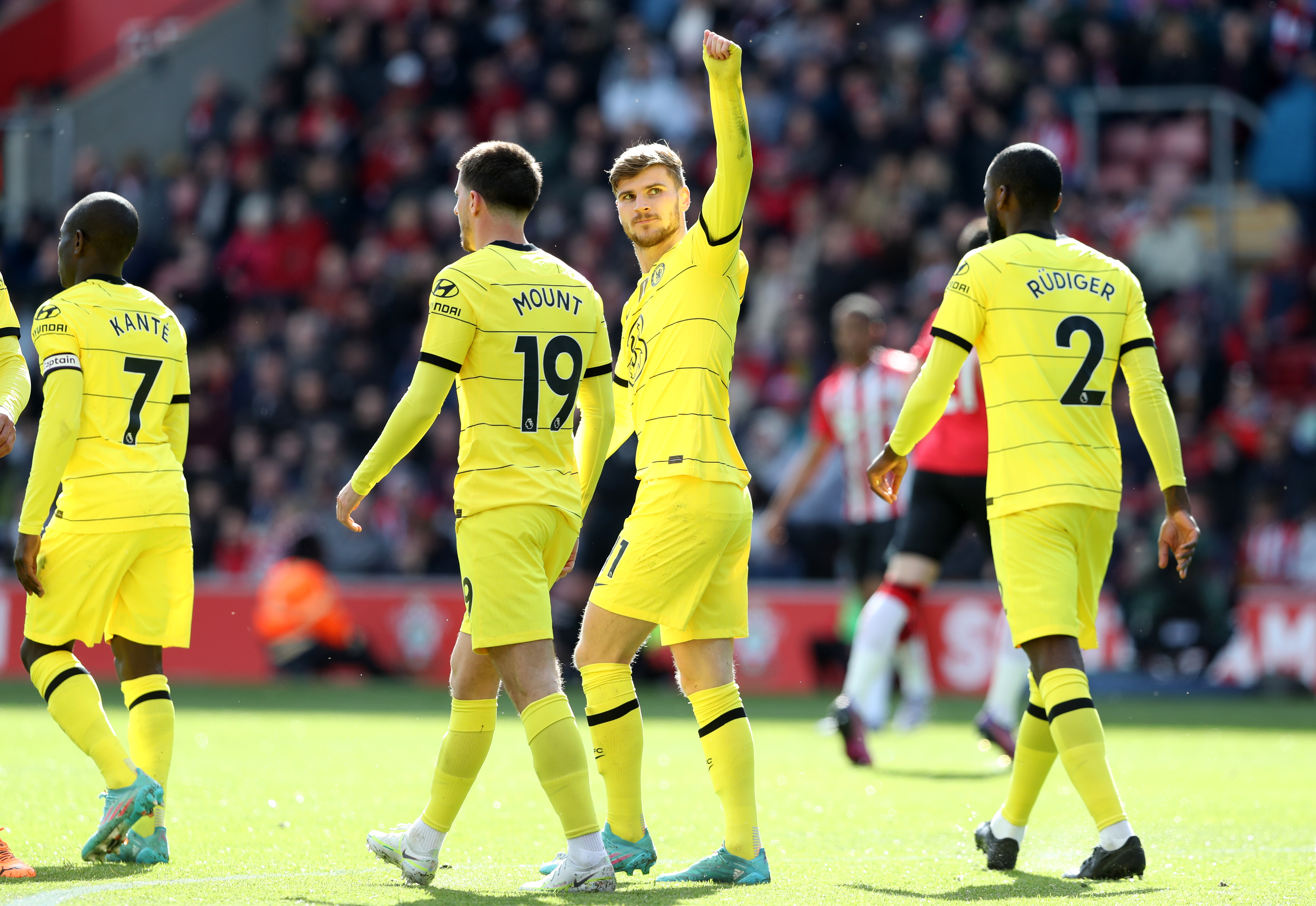 Chelsea's Timo Werner celebrates after scoring his side's fifth goal of the game during the Premier League match at St. Mary's Stadium, Southampton.  Picture date: Saturday April 9, 2022