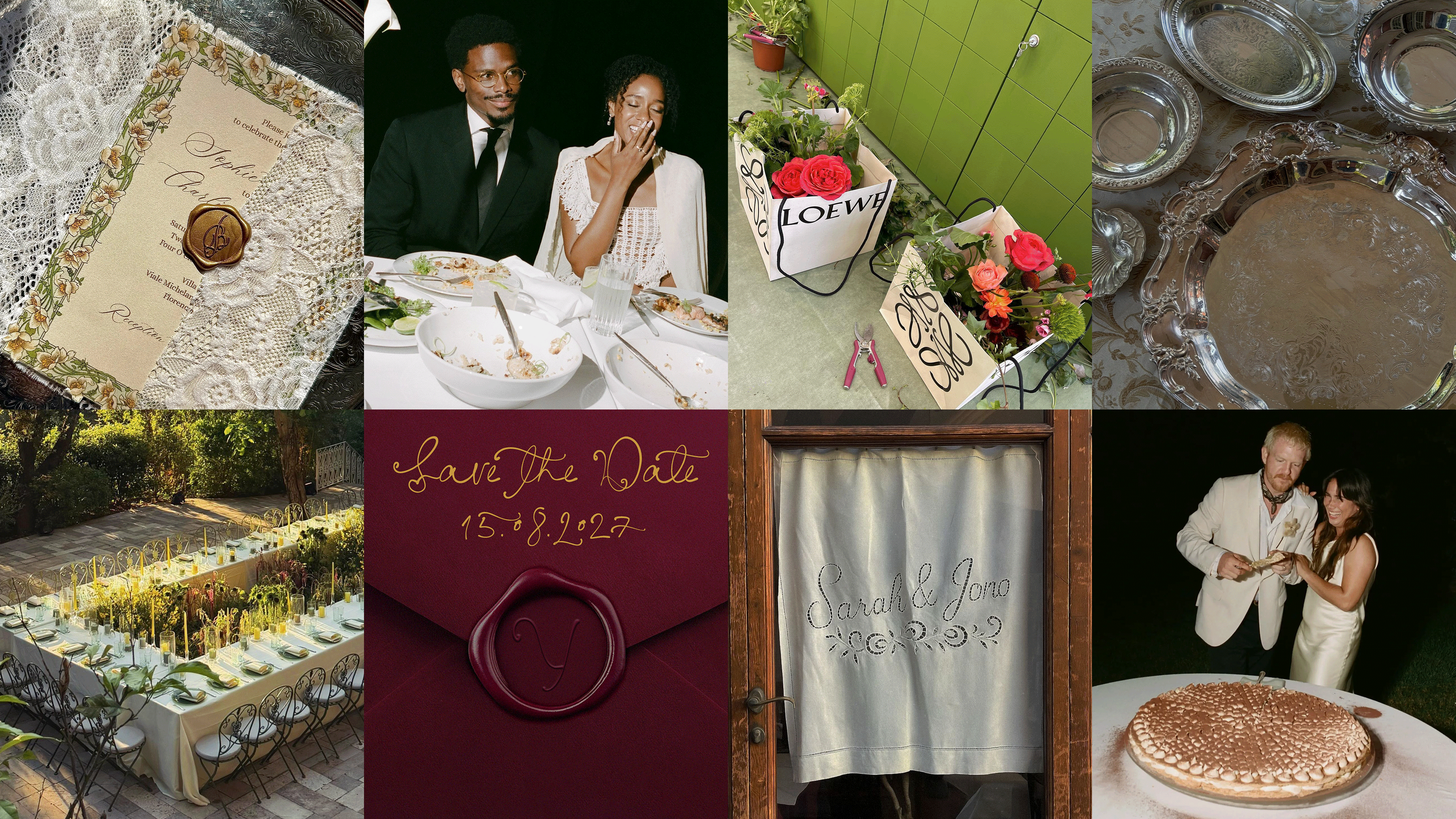 a collage of wedding images including cakes, stationery and tablescapes.