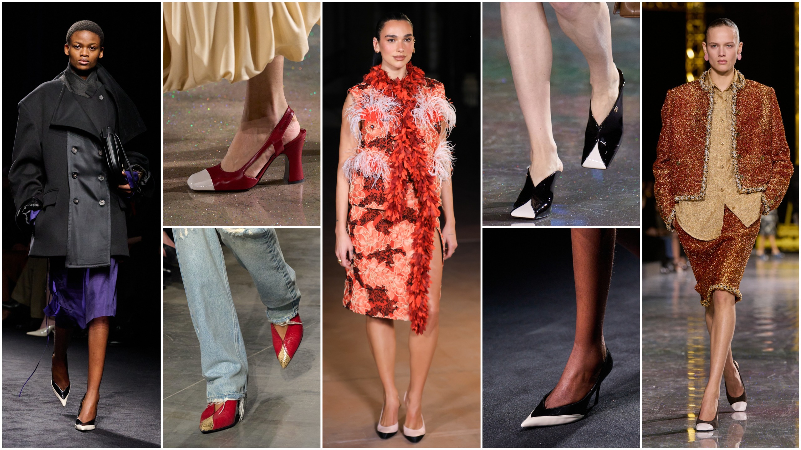 Dua Lipa wearing two-tone heels; two-tone heels on the runways of Chanel, Ferragamo, and Isabel Marant 