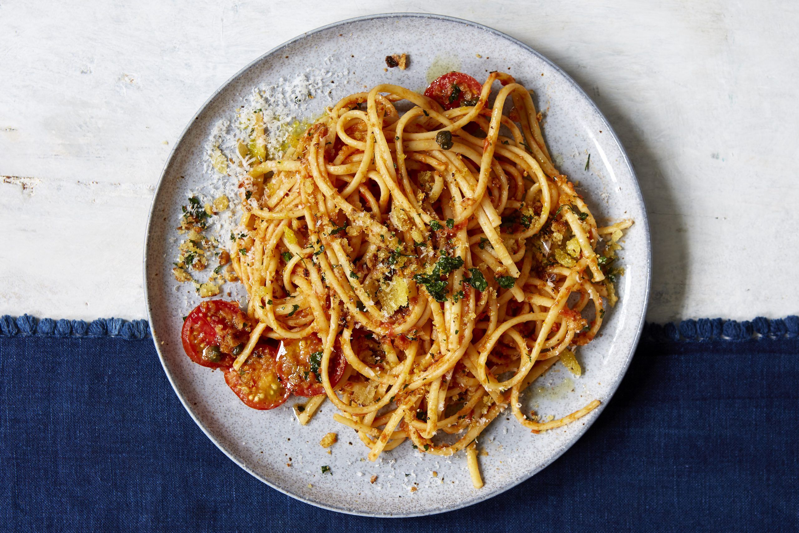 Anchovy pasta with crispy breadcrumbs recipe